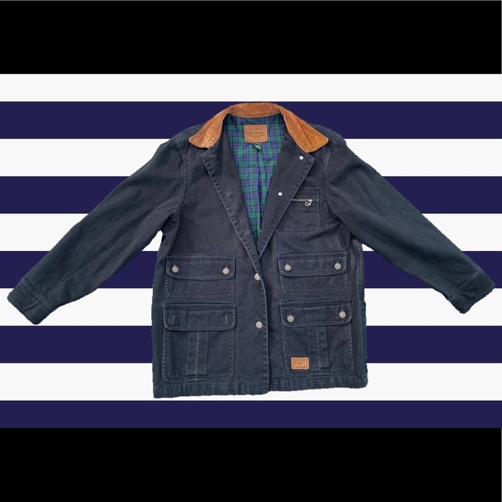 Polo Ralph Lauren Jeans Co. Black denim jacket with brown pig suede collar.